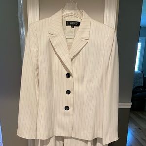 Cream white Kasper pant suit with black pinstripe.